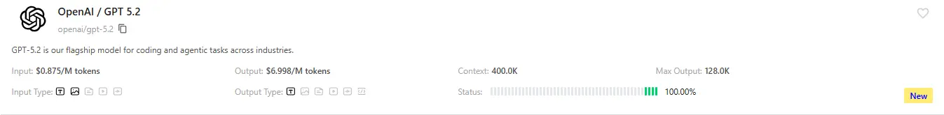 GPT 5.2 Picing on Siray with 50% off