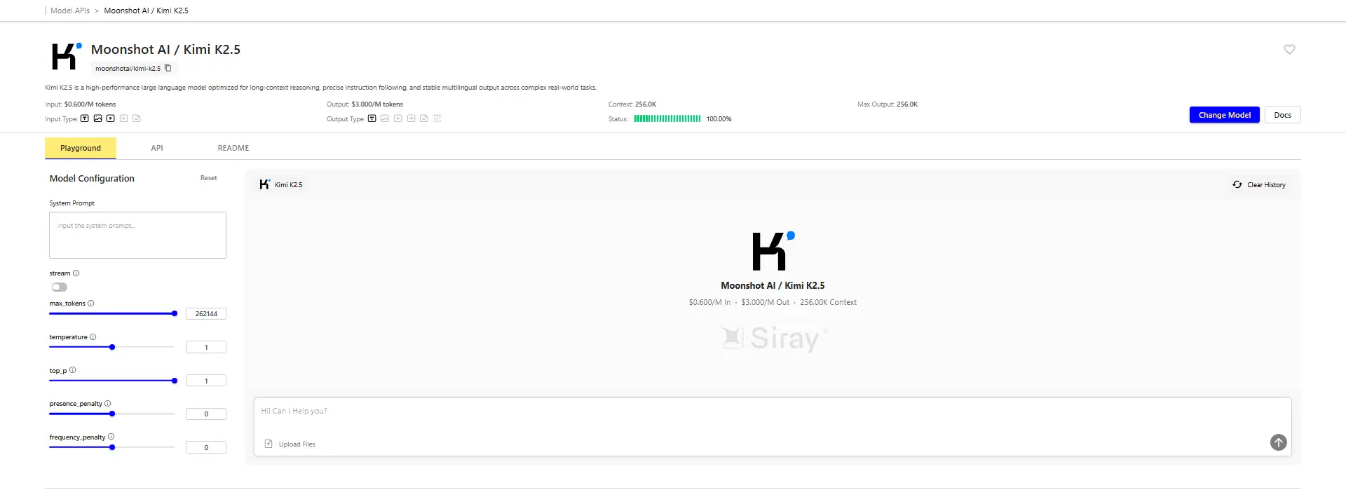 Kimi K2.5 on Siray AI with Free API Key