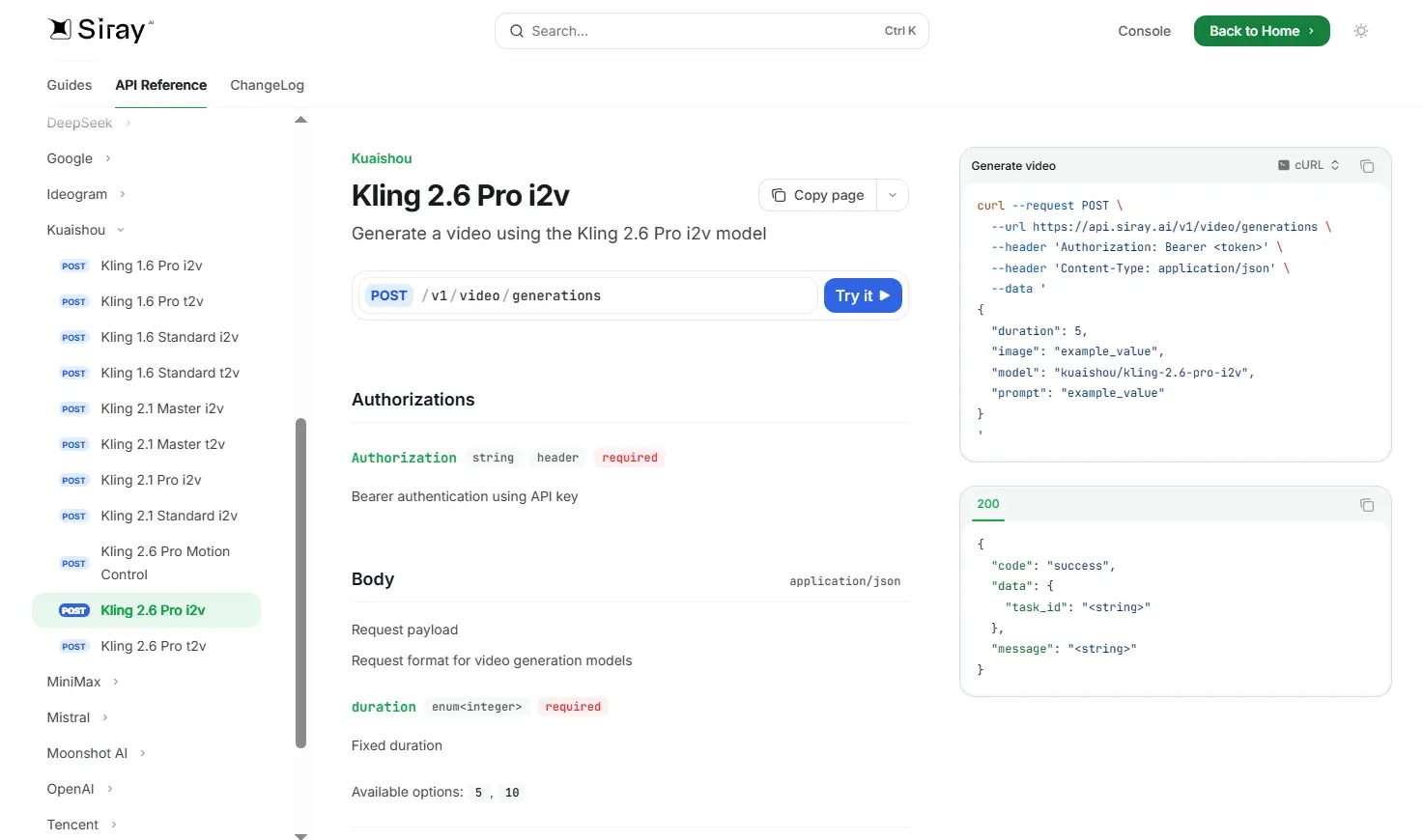 Kling AI API through Siray