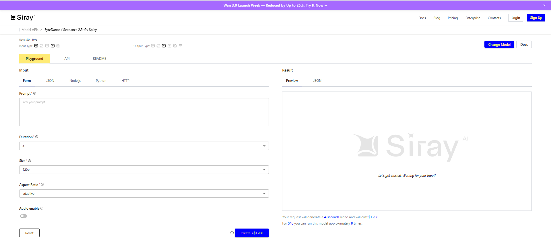 Seedance 2.5 API Pricing Image: Siray.ai