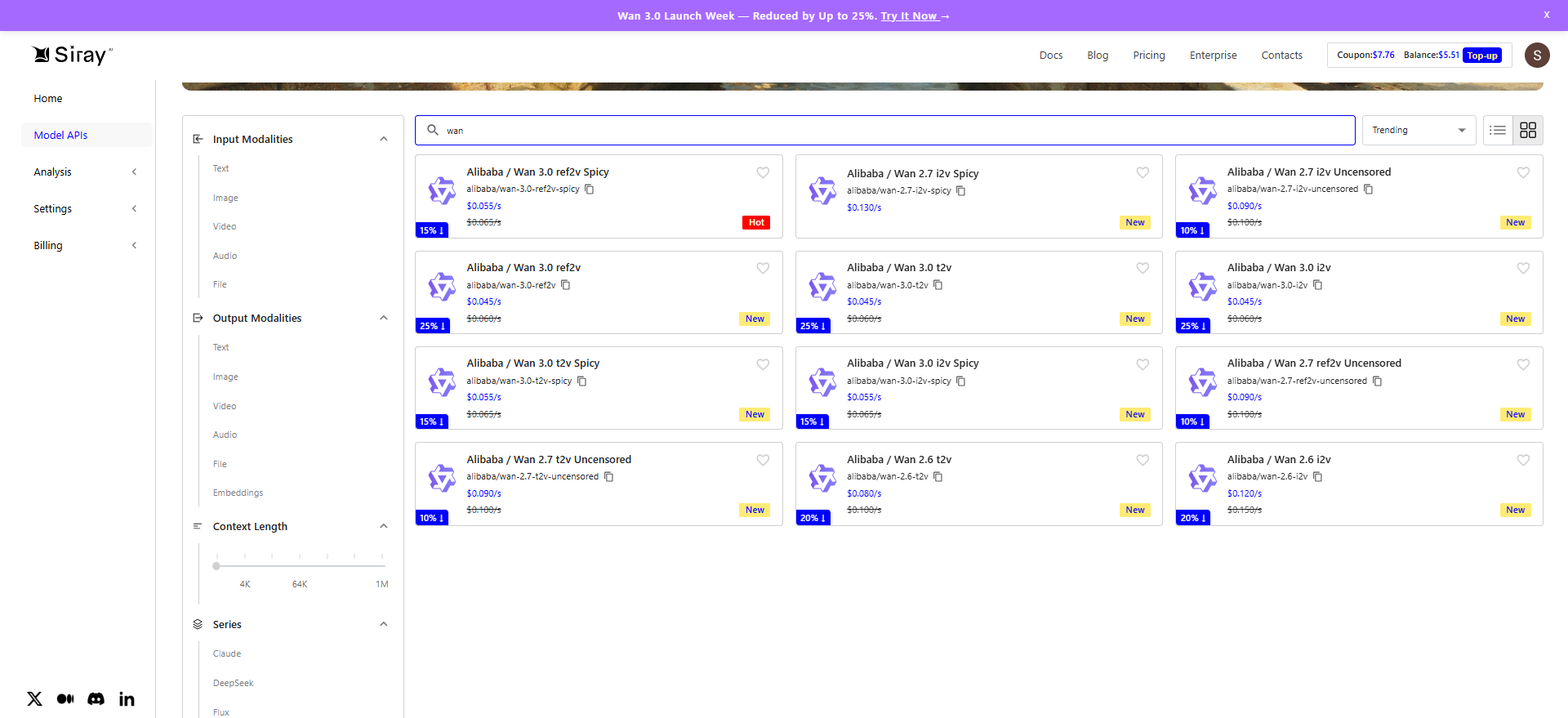 Up to 25% discounts on Wan APIs image: siray.ai
